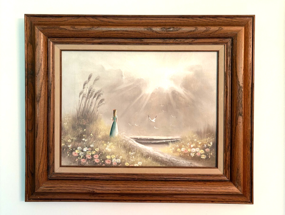 ERIC Oil Painting 23"x 18” Girl In Blue Dress Wood Frame Signed